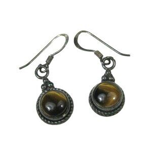 Sterling Silver Tigers Eye Stone Dangle Earrings 925 Round Drop Style